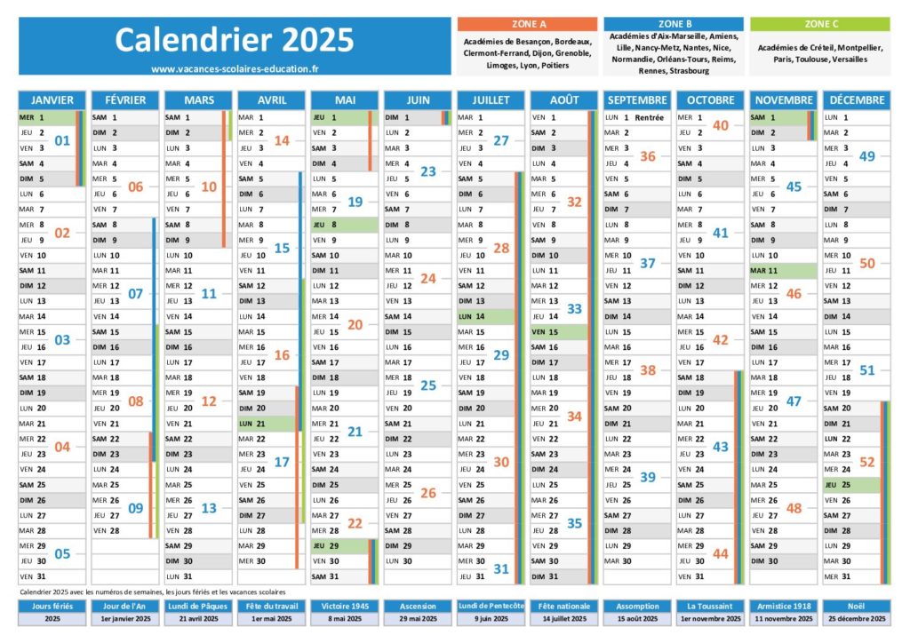 School calendar with holidays and public holidays